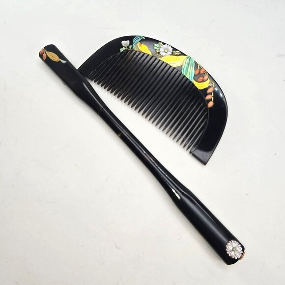 Japanese Floral Lacquer Hair Comb & Stick Set In Box Matsuzakaya Vintage JE311 - Picture 9 of 14